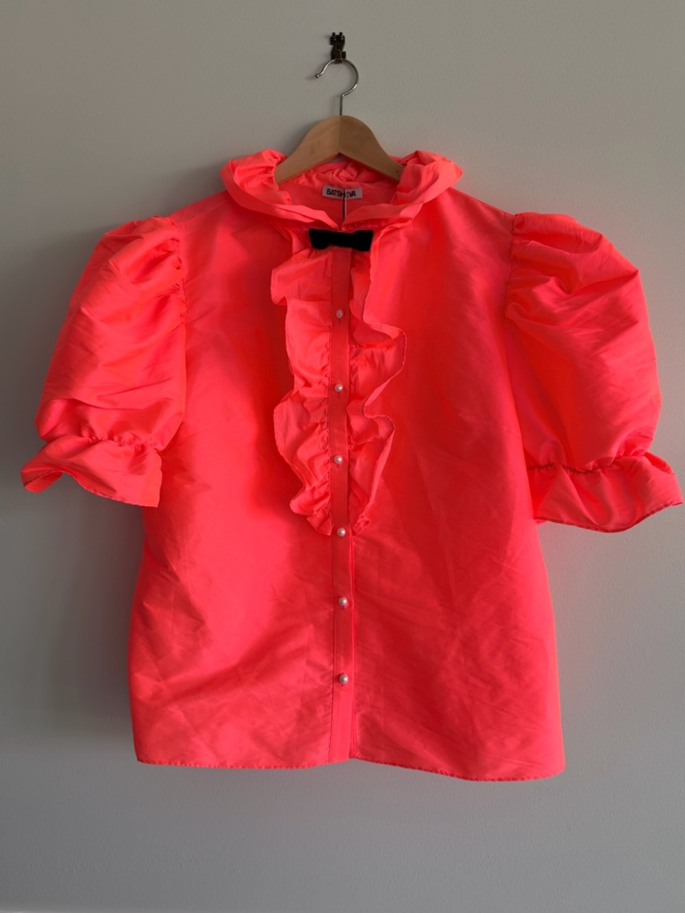 Batsheva Neon Pink Orange Ruffle Pearl-Button Blouse NWT